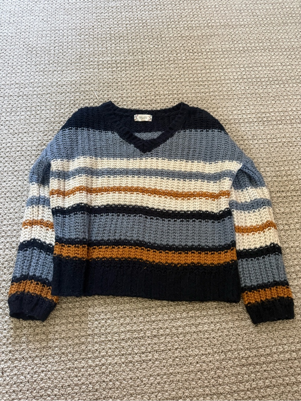 Pink Rose Striped V-Neck Sweater - Navy, Light Blue, Cream & Mustard
